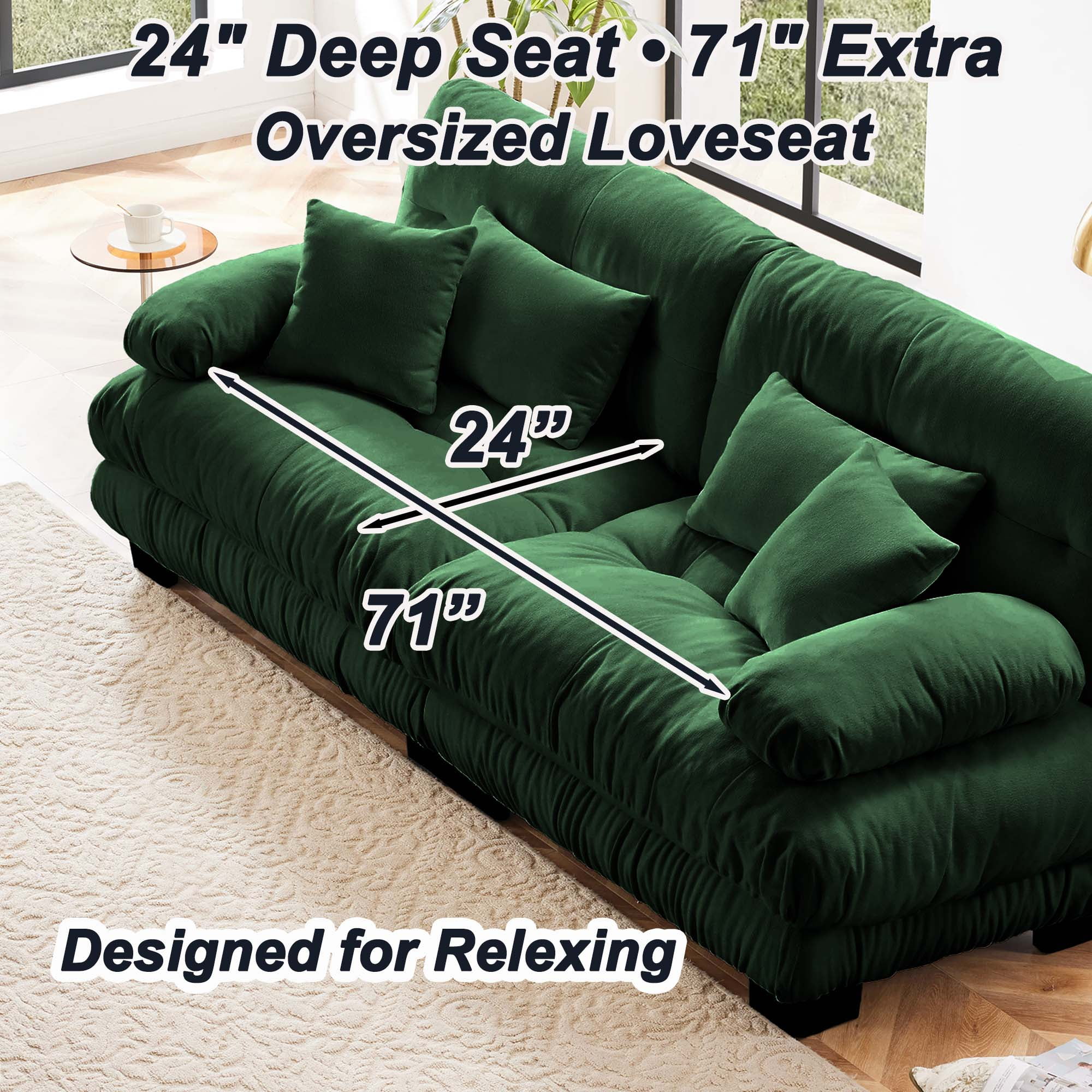 94.4" Cloud Chenille Loveseat Sofa, Oversized Deep Seat 2 Seater Couch for Living Room with Pillows，Green