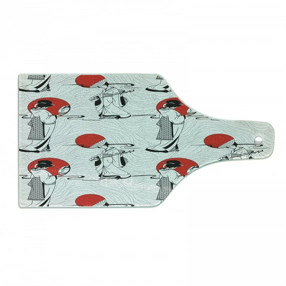 East Cutting Board, Japanese Geisha Girl with Traditional Style Kimono Folk Culture Illustration, Decorative Tempered Glass Cutting and Serving Board, Wine Bottle Shape, Black Red, by Ambesonne