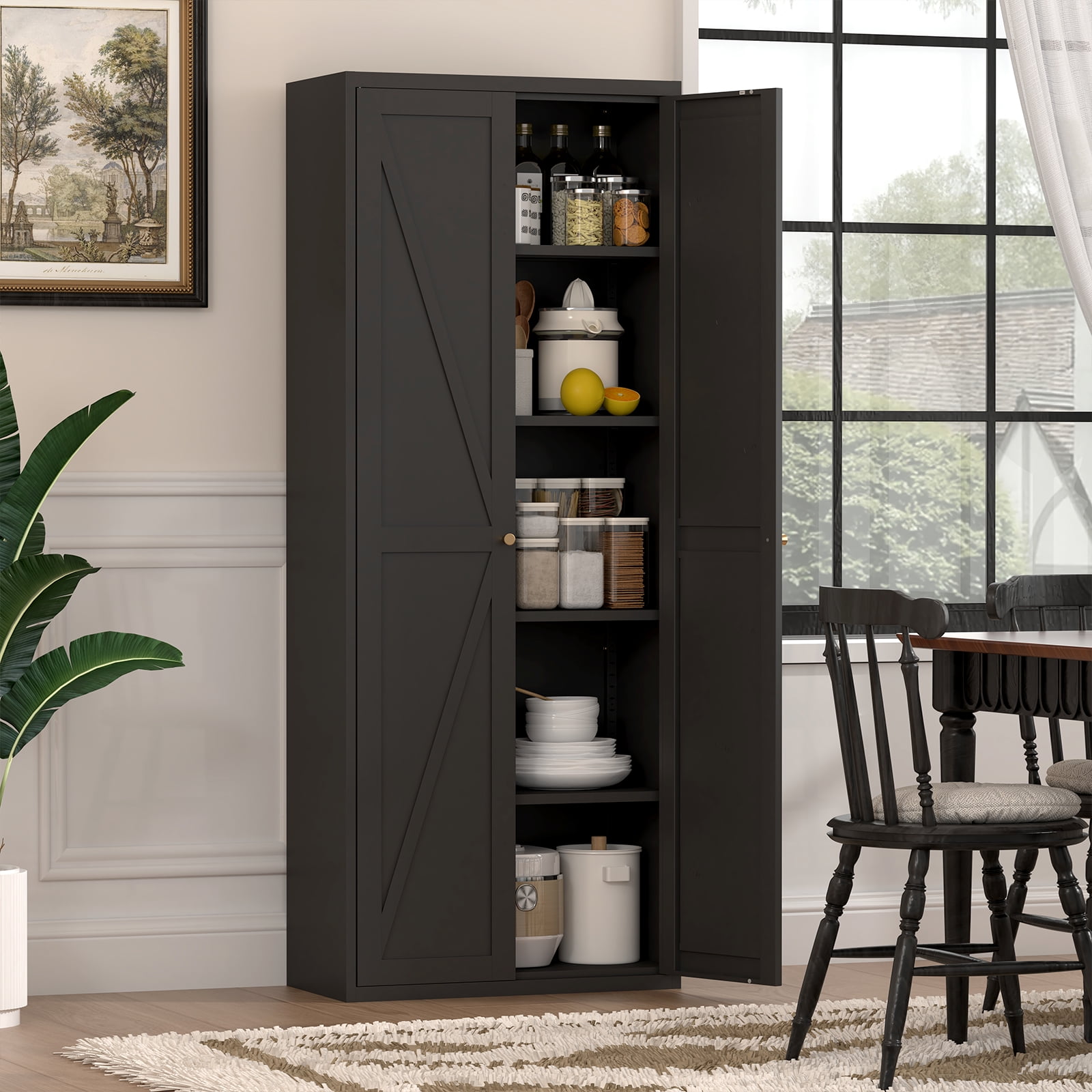 Marcree 71" Metal Storage Cabinet with 2 Doors and 4 Adjustable Shelves, Black Kitchen Pantry Storage Cabinet, 5-Tier Tall Steel Cabinet Locker for Kitchen, Living Room, Dining Room