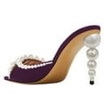 thumbnail image 4 of FSJ Women Trendy Beaded Studded Round Open Toe Backless Mules Chic Pearl High Heels Sandals Fashion Summer Slide Shoes Size 12 Purple, 4 of 5