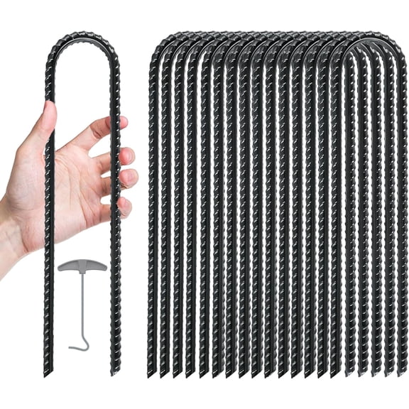 Trampolines Wind Stakes 16 Pack 16 Inch, 0.3 Inch Thick Heavy Duty U Shaped Rebar Tent Stakes Ground Anchors Galvanized Steel Safety Trampoline Anchors for Camping Tents, Soccer Goals