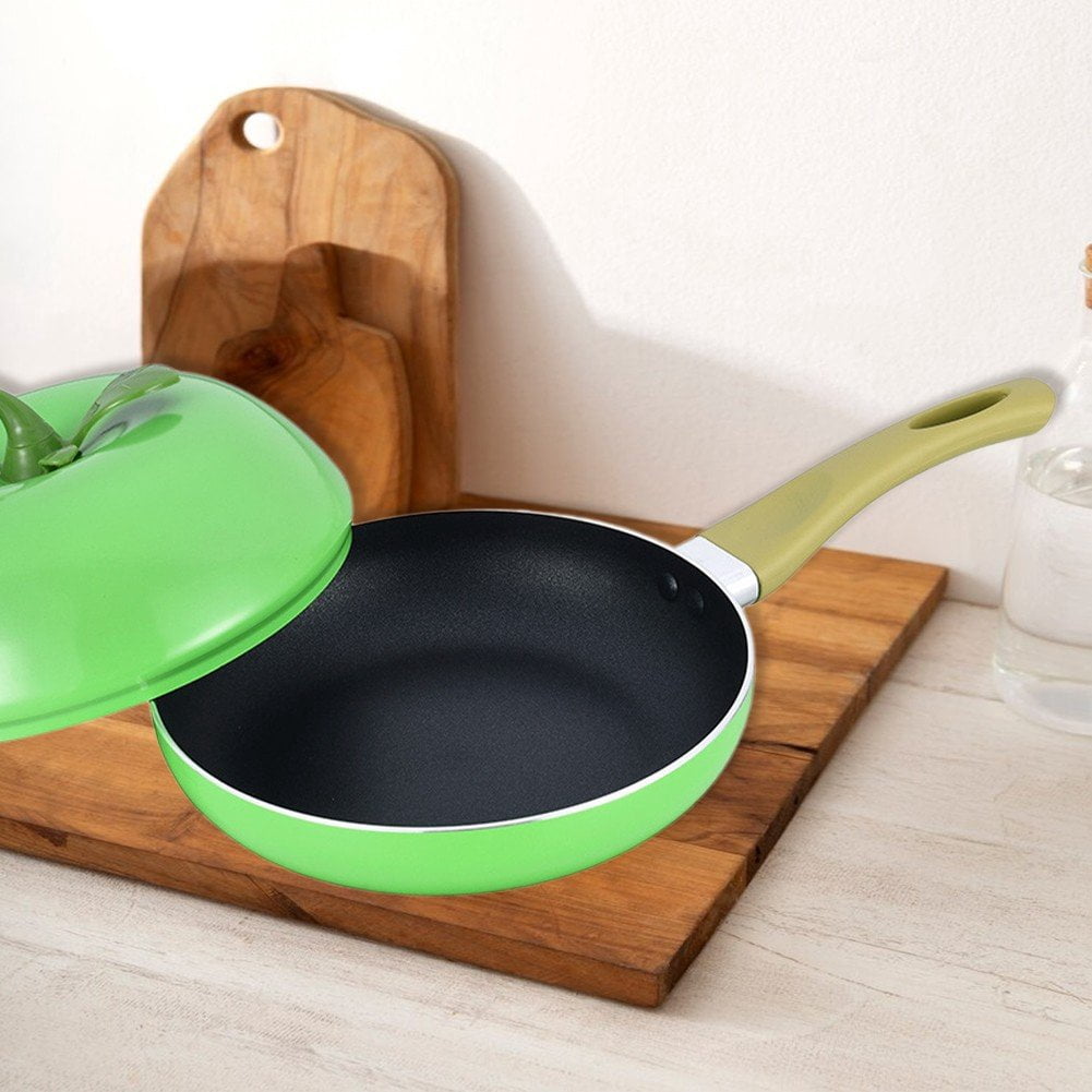 Jiibva 1Pc Green Apple Shape Non Stick Skillet Frying Pan with Lid for Home Induction Cooker