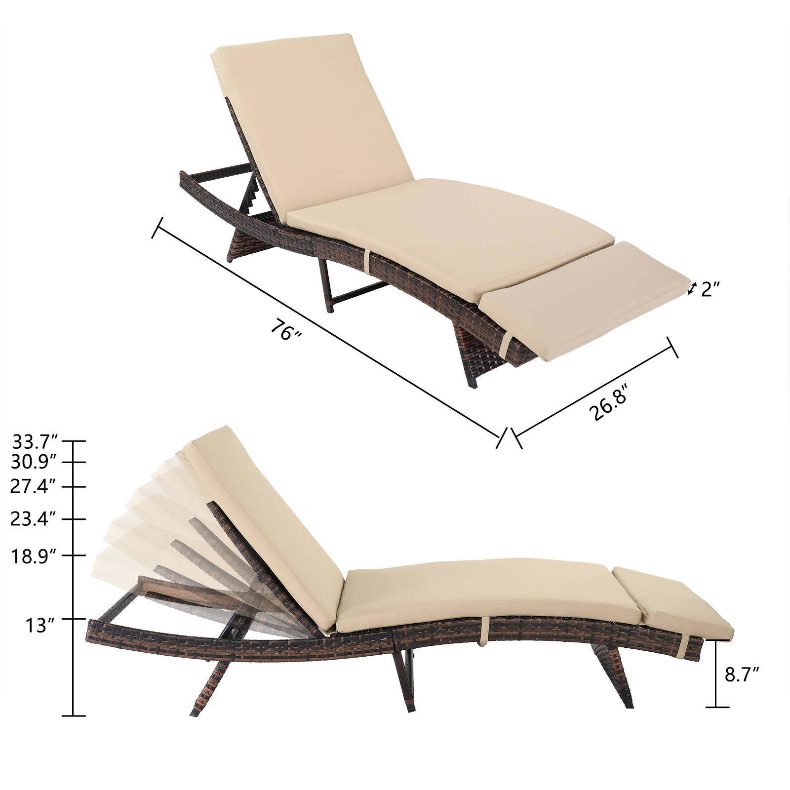 Patio Chaise Lounge Furniture, 5-Position Adjustable Cushioned Rattan Chaise, PE Wicker Backrest Lounger Chair, Suitable for Pool Balcony Deck Yard Garden, B27 - image 5 of 9