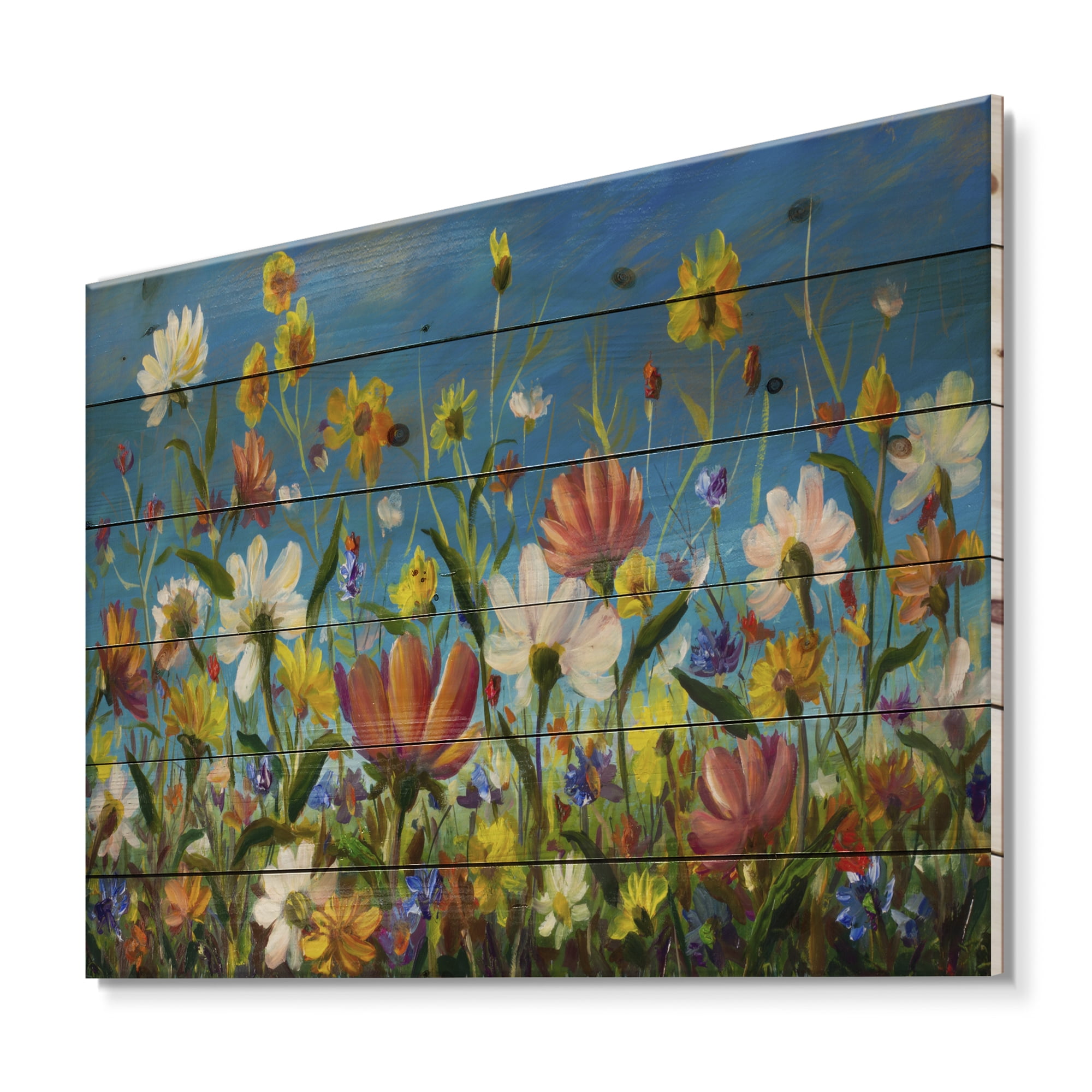 Designart 'Beautiful Field Flowers In Nature' Traditional Print on Natural Pine Wood