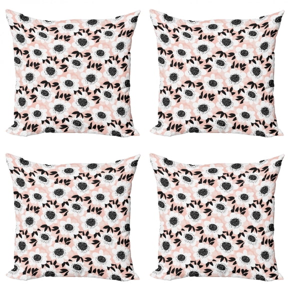 Ambesonne Flower Throw Pillow Cover 4 Pack, Floral Pastel Soft, 20", Pale Pink White Black