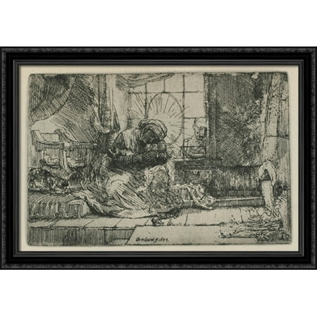 Rembrandt Cat Charm - The Holy Family with a cat 40x28 Large Black Ornate Wood Framed Canvas Art by Rembrandt