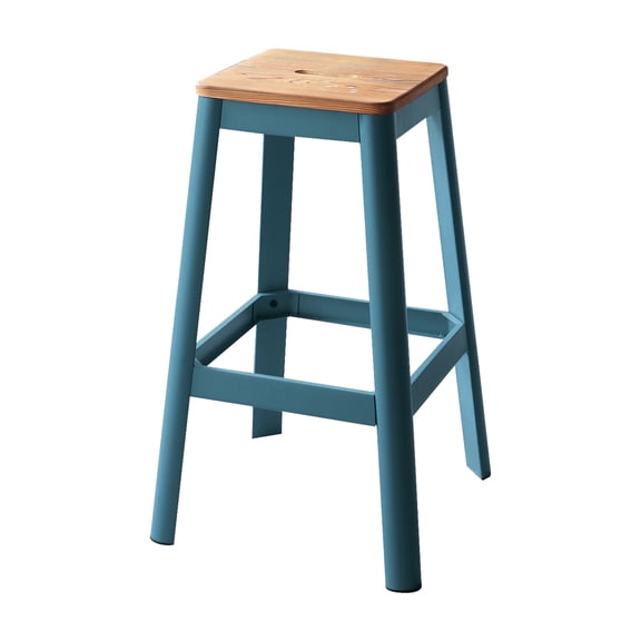Jacotte 30" Backless Bar Stool: Natural Wood Seat & Teal Metal Legs, Solid Pine & Steel, 18"W x 18"D, Indoor Kitchen Counter & Home Bar Use