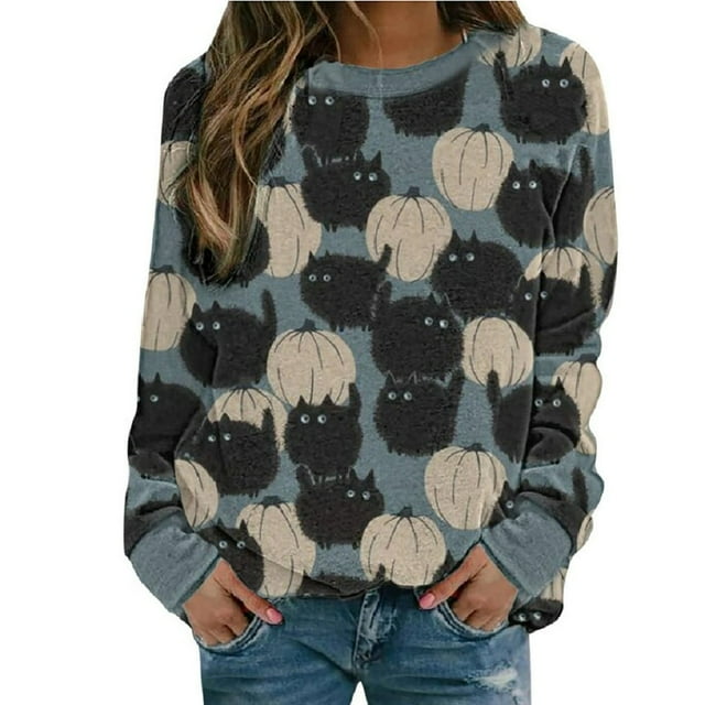 MesaSe Chandail en Molleton Citrouille pour Femmes Halloween Manches Longues Col Rond Chandail Orange