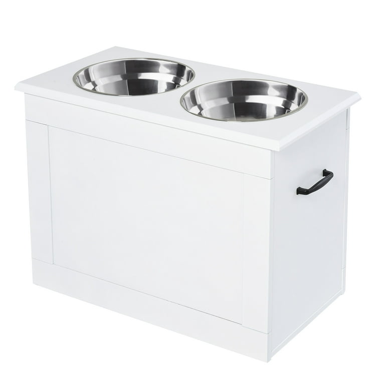 PawHut 17 Durable Wooden Dog Feeding Station with 2 Included Dog Food  Bowls and a Non-Slip Base White
