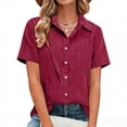thumbnail image 1 of Craaazy Women Casual Collared Blouse, Solid Color Short Sleeve Button Down Shirt, Loose Fit Comfy V Neck Top for Daily Wear Gifts, 1 of 5