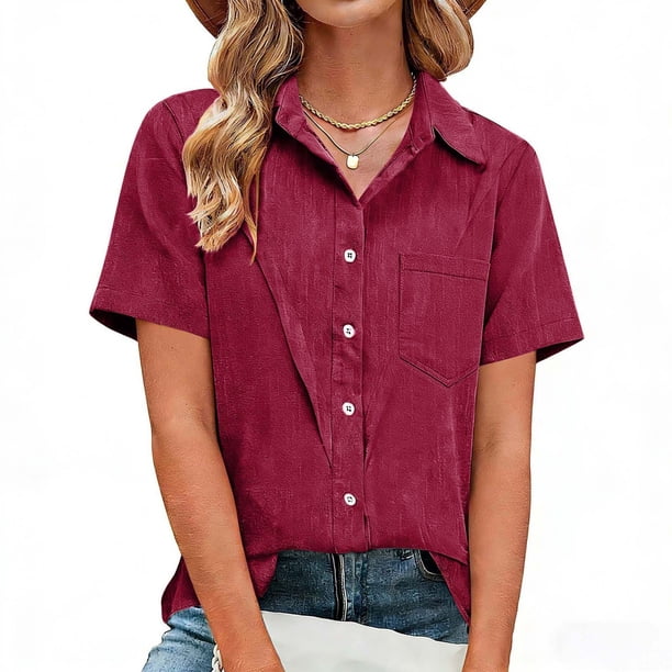 Craaazy Women Casual Collared Blouse, Solid Color Short Sleeve Button Down Shirt, Loose Fit Comfy V Neck Top for Daily Wear Gifts