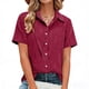 thumbnail image 1 of Craaazy Women Casual Collared Blouse, Solid Color Short Sleeve Button Down Shirt, Loose Fit Comfy V Neck Top for Daily Wear Gifts, 1 of 5