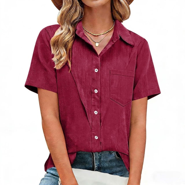 Craaazy Women Casual Collared Blouse, Solid Color Short Sleeve Button Down Shirt, Loose Fit Comfy V Neck Top for Daily Wear Gifts