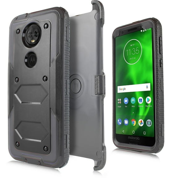for 6" Moto E5 Plus Case Holster Phone Case Belt Clip 360 degree Kickstands Hybrid Armor Shock Shield Bumper Cover black