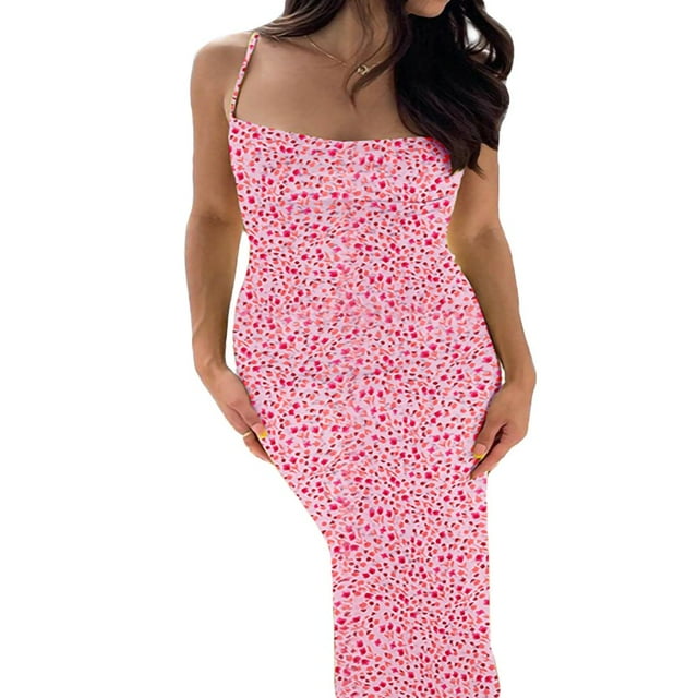 PENGXIANG Robe Maxi à Bretelles Spaghetti pour Femmes, Dos Nu, Découpe Florale, Y2k, Moulante