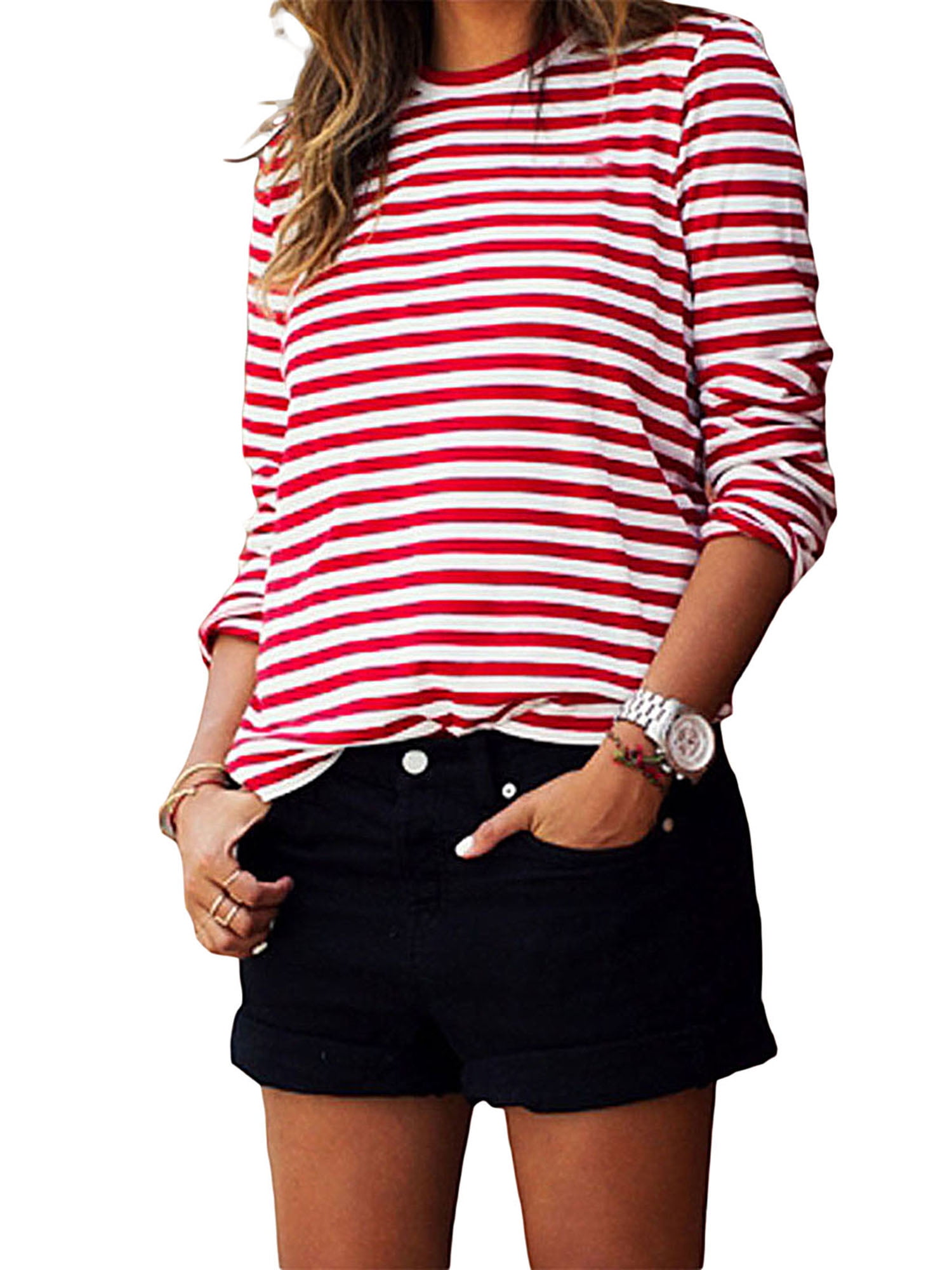 Aftensmad Legitim skruenøgle Thaisu Women's Red White Striped T-Shirt Tops Basic Casual Long Sleeve  Loose Fit T-Shirt Pullovers - Walmart.com