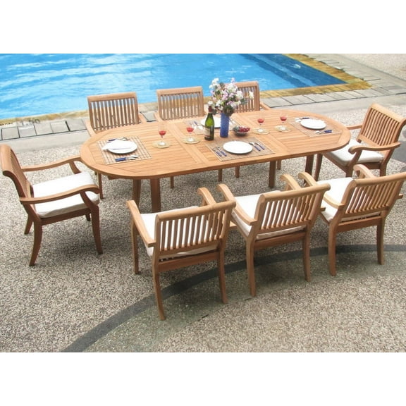 Teak Dining Set:8 Seater 9 Pc - 94" Oval Table and 8 Stacking Arbor Arm Chairs Outdoor Patio Grade-A Teak Wood WholesaleTeak #WMDSABg