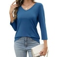 thumbnail image 3 of Liher Women Fall Top 3 4 Sleeve Trendy V Neck T-shirts Lightweight Stretchy Blouse Navy Blue Tee Clothes Size M, 3 of 4