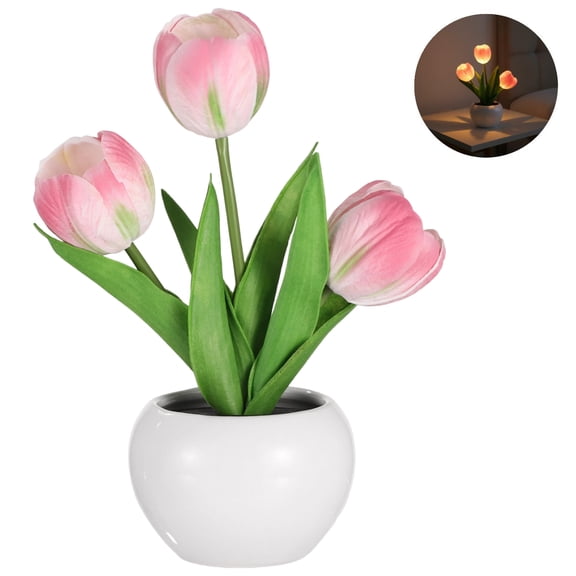 Tulip Flower Lamp, LED Night Light, 3-Head Pink Bloom, Realistic Artificial PU Flowers in Ceramic Pot, Soft Glow Battery Operated Bedside Accent, Home Decor Adornment