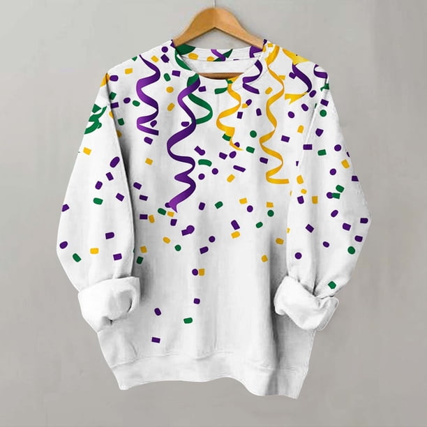 TaTaai Women Mardi Gras Print Crew Neck Long Sleeve Sweatshirt Casual Loose Fit No Hood Pullover Top Soft Breathable Lightweight for Daily Street Office Commute Wear Fashion Holiday Tops Gift