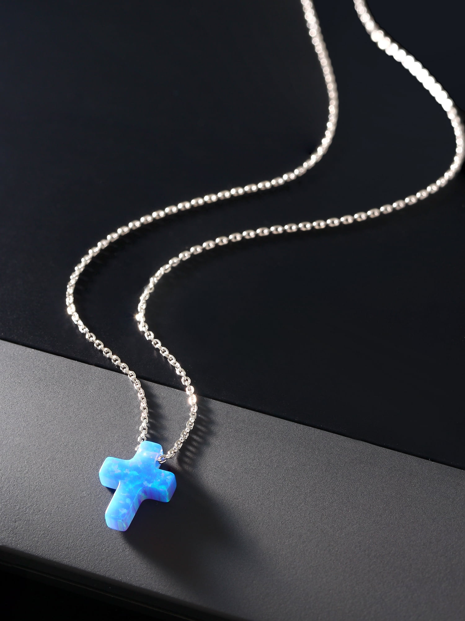 Gem Stone King 8MM Created Blue Opal Cross Pendant Necklace Unisex 