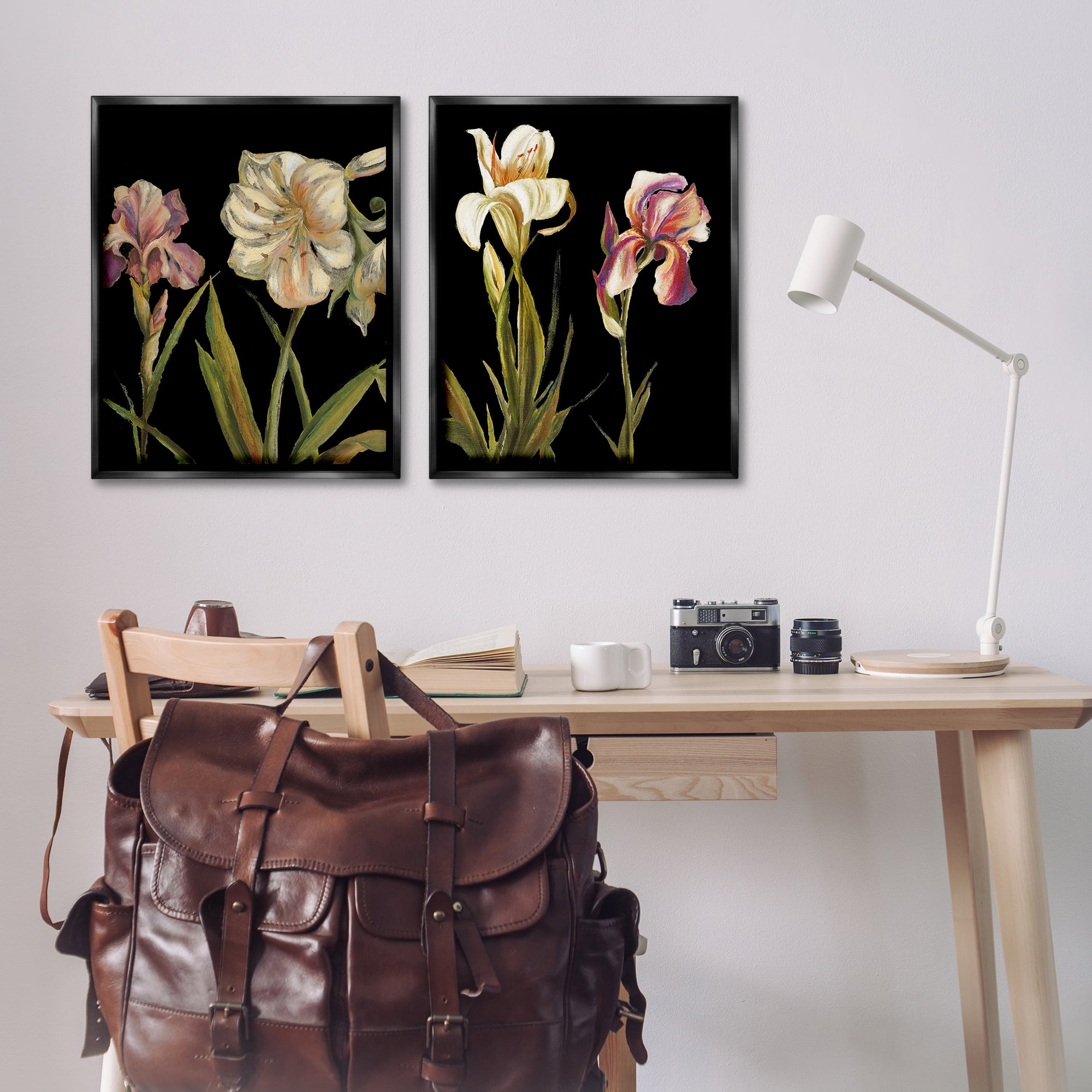 Stupell Industries Blooming Purple Iris White Lily Plants & Flowers Painting Black Floater Framed Canvas Art Print Wall Art, 31 x 25, Set of 2