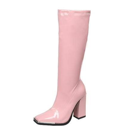

Women Walking Shoes Ladies Square Toe Solid Color Bright Leather Candy Color Square High Heel Retro Zipper Mid Boots Women s Shoes Mid-Calf Boots for Women PU Pink