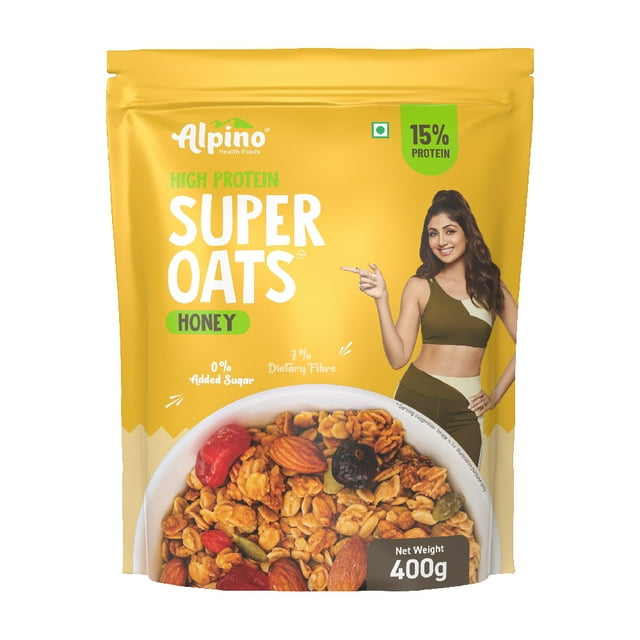 Alpino Flocons d'Avoine à Haute Teneur en Protéines / Miel / 400 g / Gruau à l'Ancienne / Stable à Température Ambiante / Pochette Refermable