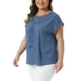 thumbnail image 4 of Agnes Orinda Women's Plus Size Tops Boho Embroidery Lace V Neck Crochet Short Sleeve Summer Blouse 1X Blue, 4 of 6