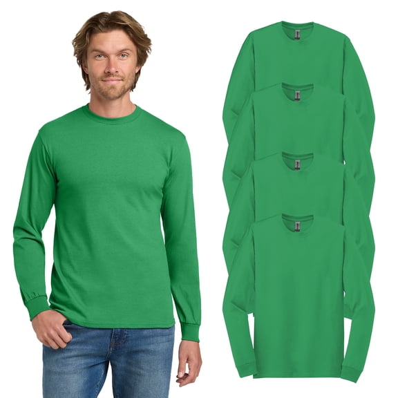 Gildan Bulk Heavy Cotton Long Sleeve Shirt, Casual Crewneck Tee, Irish Green, Pack of 4, S