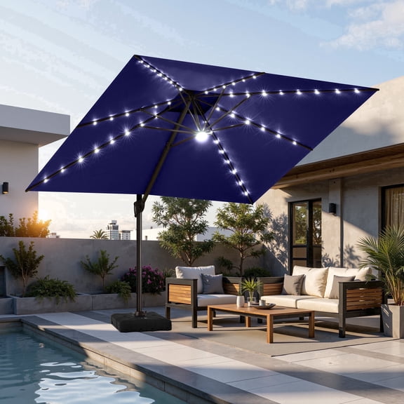 Crestlive Products Square Solar LED Cantilever Umbrella, 11FT, Includes 350lbs Umbrella base with Wheels, 360-degree Rotating, Red