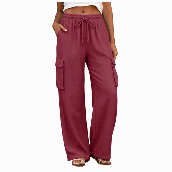 Gubotare Linen Cargo Pants Women Women Linen Pants Drawstring Summer Cargo Pants Beach Travel Lounge Pants with Pocket (Brick Red,S)