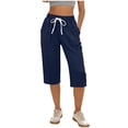 thumbnail image 3 of Women's Cotton Linen Drawstring Capris Shorts, Relaxed Fit with Pockets, Casual Solid Summer Bottoms for Walking, Travel, & Everyday | TruBelle,Navy S, 3 of 8