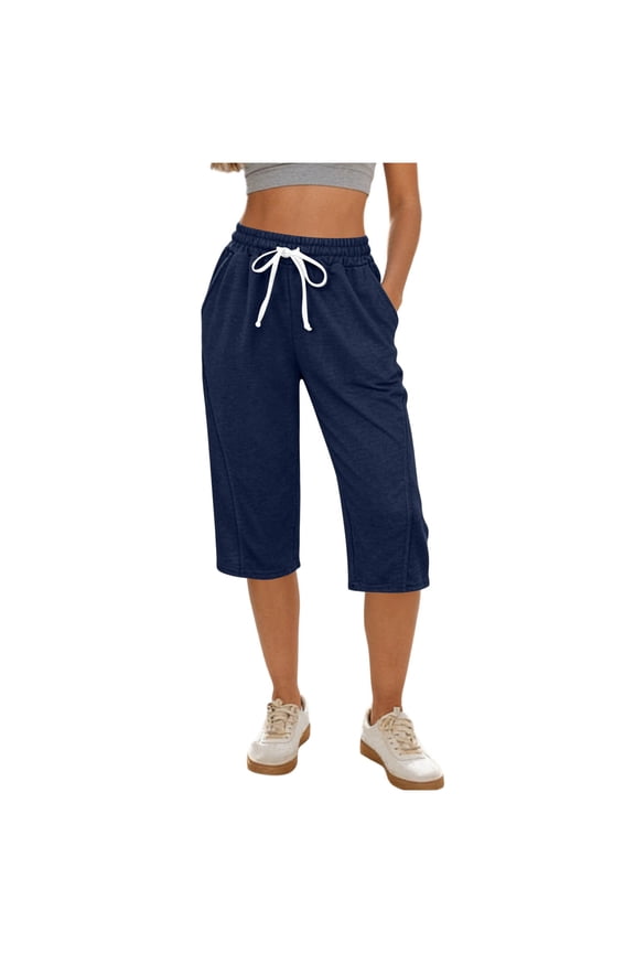 Womens Solid Capri Sweatpants, DUnrefinedstring Side-Pocket Waist & Cozy-Knit Cut for Daily Neighborhood Casual Stroll Outings Blue M