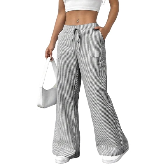 Wevis Women Drawstring Elastic Waist Wide Leg Pants Casual Flare Trousers with Pockets - GREY_S
