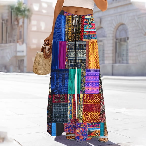 Nuoqisi Wide Leg Pants for Women - Summer Casual Palazzo Trousers Women's Beach Boho Lounge Elastic Waisted Flowy Split Pant Bottoms with Pockets