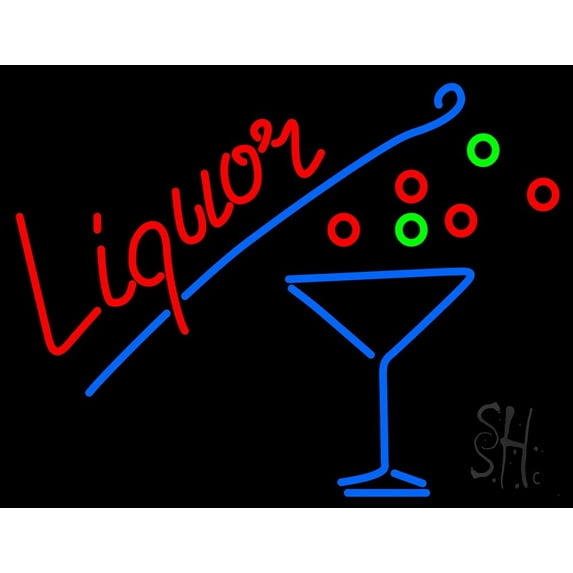 Liquor With Martini Glass LED Neon Sign 24 x 31 - inches, Clear Edge Cut Acrylic Backing, with Dimmer - Bright and Premium built indoor LED Neon Sign for Bar decor.