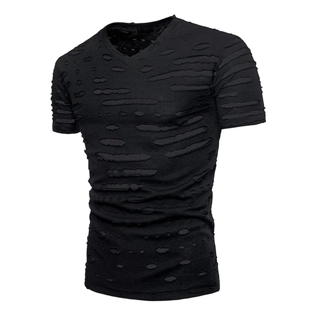 Hombres Color Sólido Agujero Rasgado Cuello En V Camisetas De Manga Corta Tops (Negro / Xl) Likrtyny Caballero