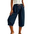 thumbnail image 4 of Capri Pants for Women Linen Wide Leg Loose Fit with Drawstring Elastic Waist Casual Summer Cuffed Pants with Pockets, M, 4 of 6