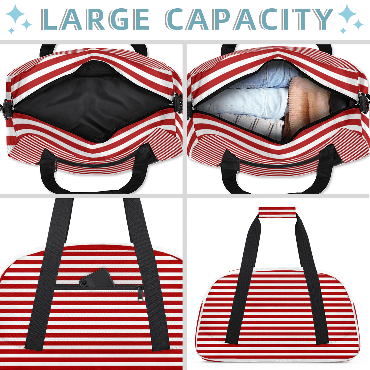 Herdesigns Red Striped Sports Duffle Bag for Women & Men, Gym Bag Dance Bag Overnight Bag Carry On Weekender Travel Bag