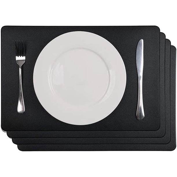 Juego De 4 Manteles Individuales De Cuero Sintético Negro Fáciles De Limpiar Limpiar A Prueba De Agua Antideslizante Y Resistente Al Aceite Calor Para El Hogar, Cocina, Restaurante Negro. Afortunado Sencillez