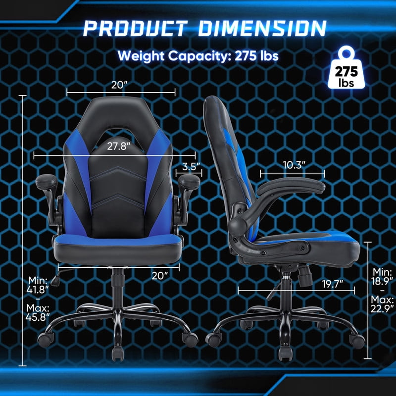 Gianna Ergonomic Computer Gaming Chair with Flip-up Armrest, Height Adjustable PU Leather Home Office Desk Chair with Lumbar Support Swivel Wheels and for Adults，Black Blue