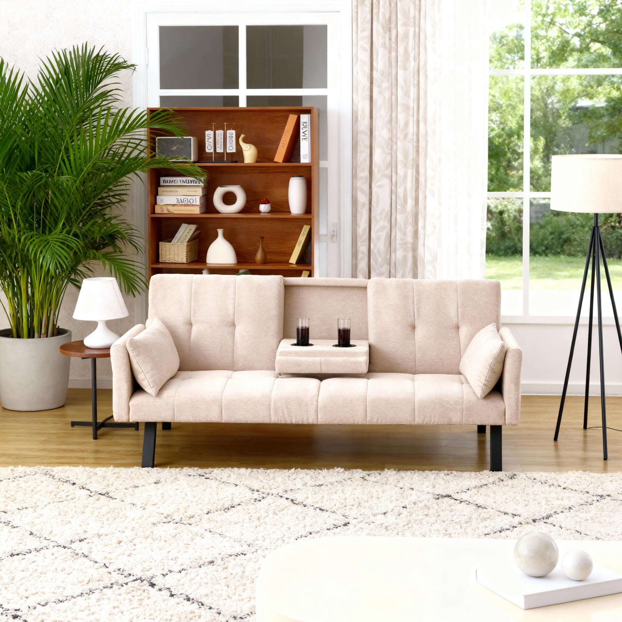 Gewnee 70''Foldable Sofa Bed,2-in-1 Convertible Couch With Adjustable Backrest、Cup Holder & Armrest Storage.Suitable for Small Spaces,Apartments.Beige