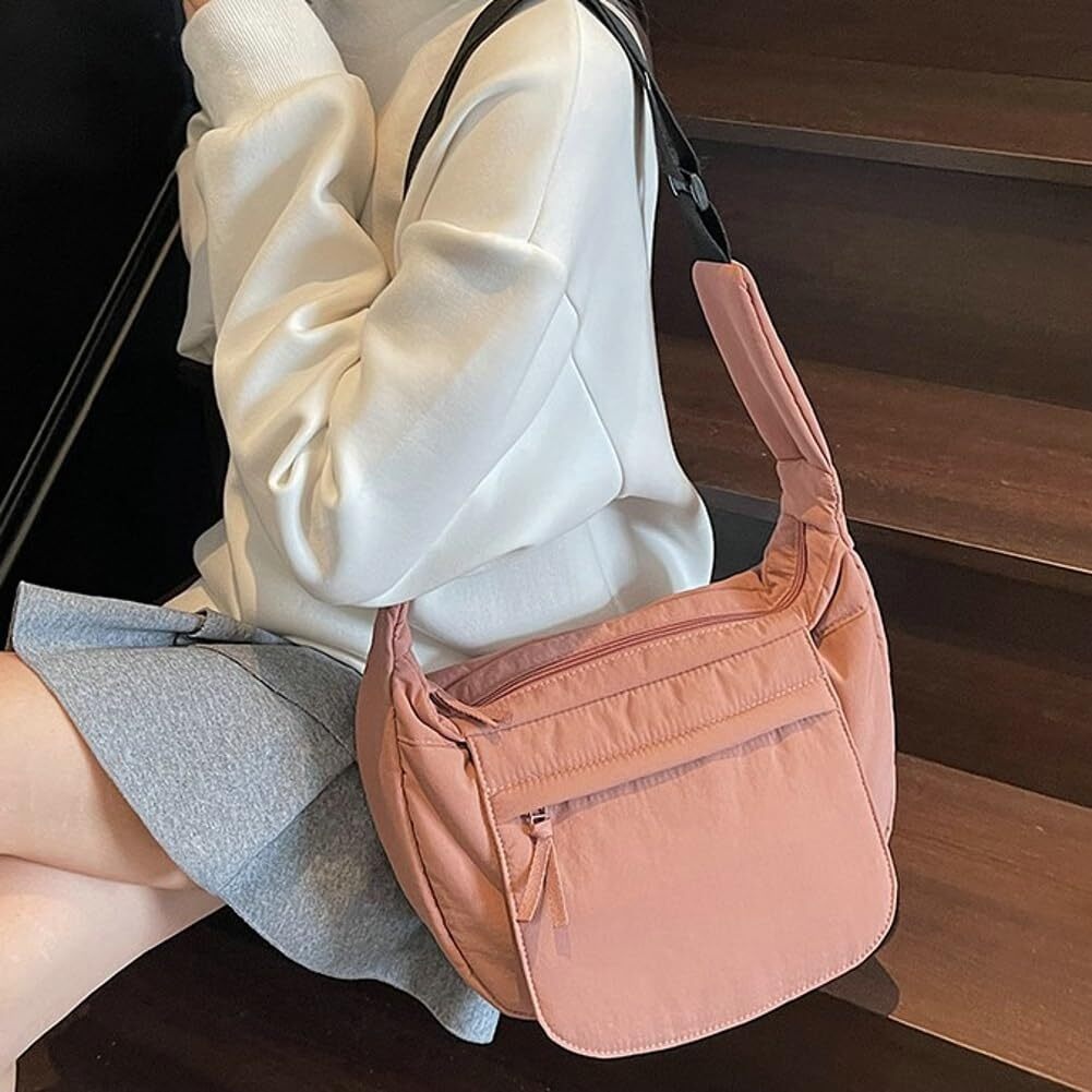 LKJYER Slouchy Nylon Bags for Women 2025 Crescent Crossbody Bag Hobo Shoulder Purse Work Travel Tote Handbag Everyday Purses