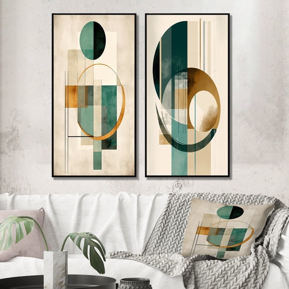 Designart "Retro Gold Teal Moon Glorious Abstraction" Modern Geometric Framed Wall Art Set Of 2 - Modern Gold Gallery Wall Frame Set For Home Decor