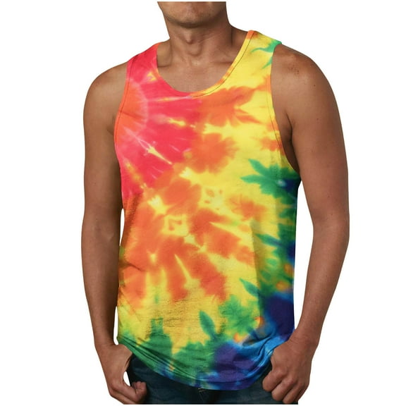ZCFZJW Tie Dye Gradient Color Print Mens Vest Casual Sleeveless Round Neck Basic Workout Tank Tops Loose Fit Comfy Big and Tall Graphic Tees Shirt Multicolor#02 L