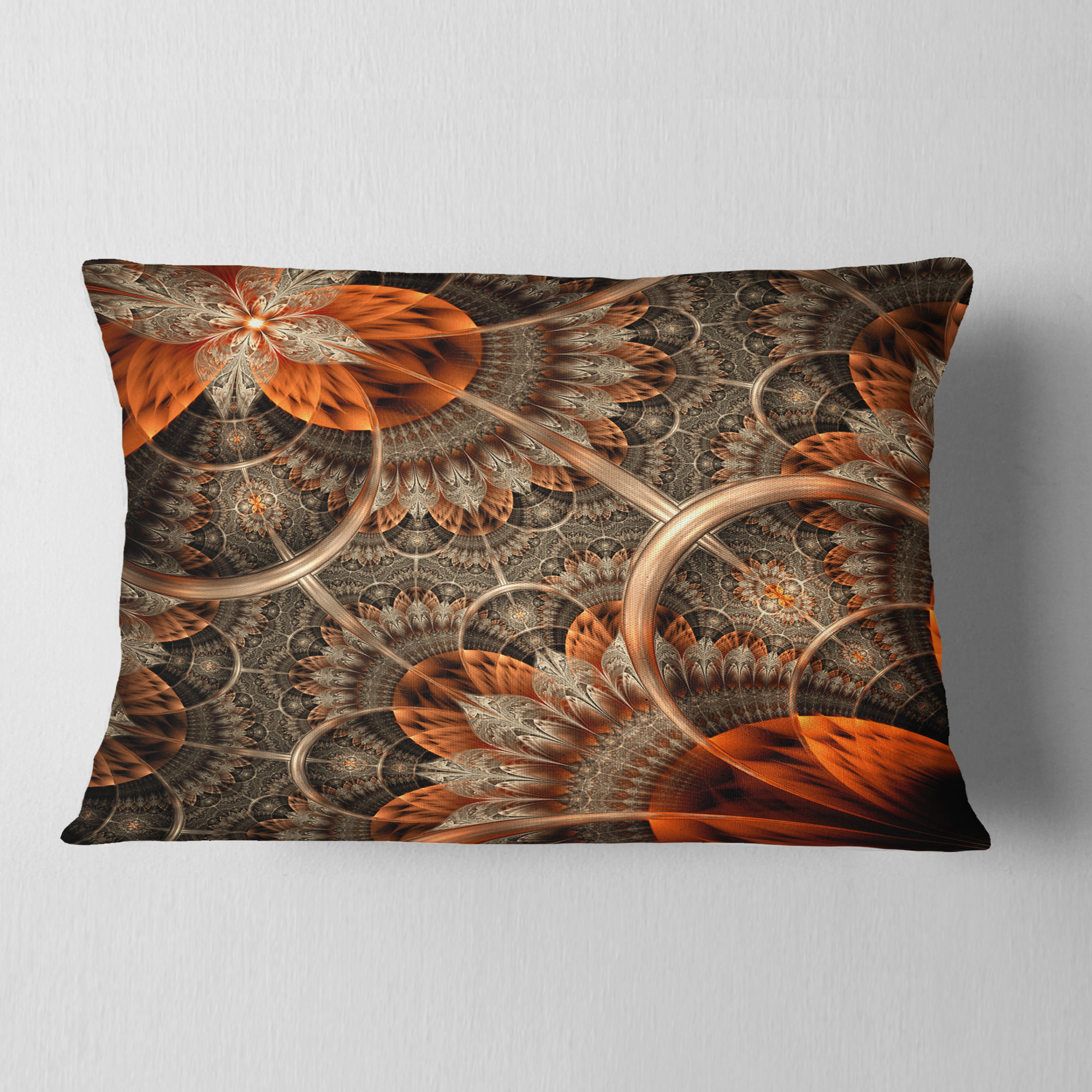 Designart Orange Brown Digital Art Fractal Flower - Floral Throw Pillow - 12x20