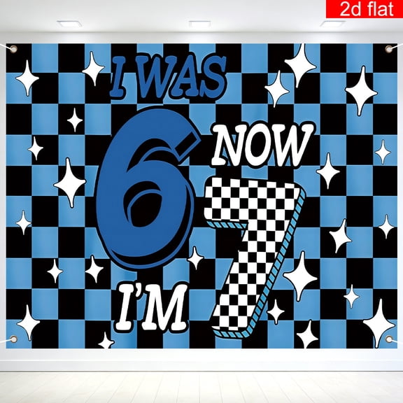 Happy 7th Birthday Backdrop I was 6 Now I'm 7 Background Black Blue Checkered Glitter Star Birthday Party Decorations Banner Supplies Photo Booth Props