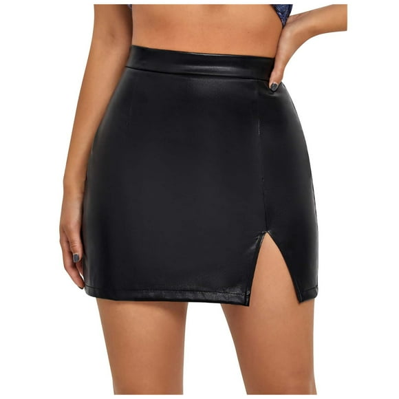Faldas Para Mujer Moda Básica Cintura Alta Cuero Sintético Dividir Mini Falda Lápiz Delgada Odeerbi ODB128113