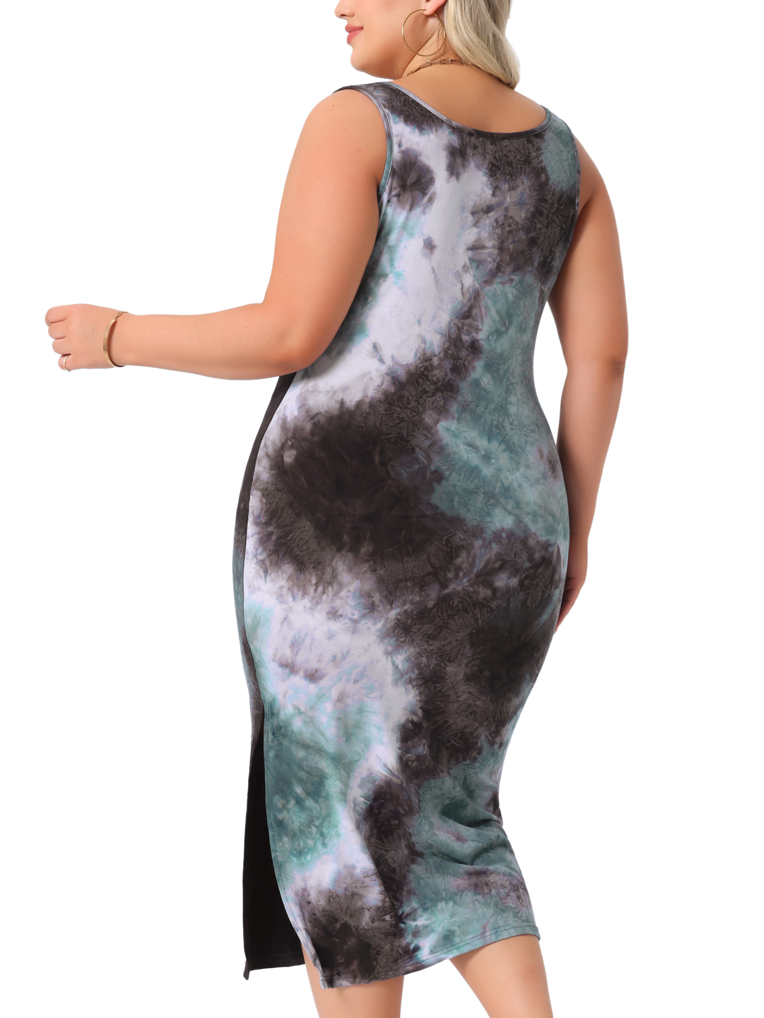 DARING DIVA Plus Size V Neck Slim Fit Tie Dye Midi Tank Dress 2X Gray Blue